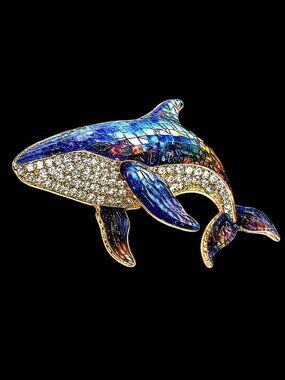 Blue Whale Brooch Pin Rhinestone Crystal Enamel Statement Animal
